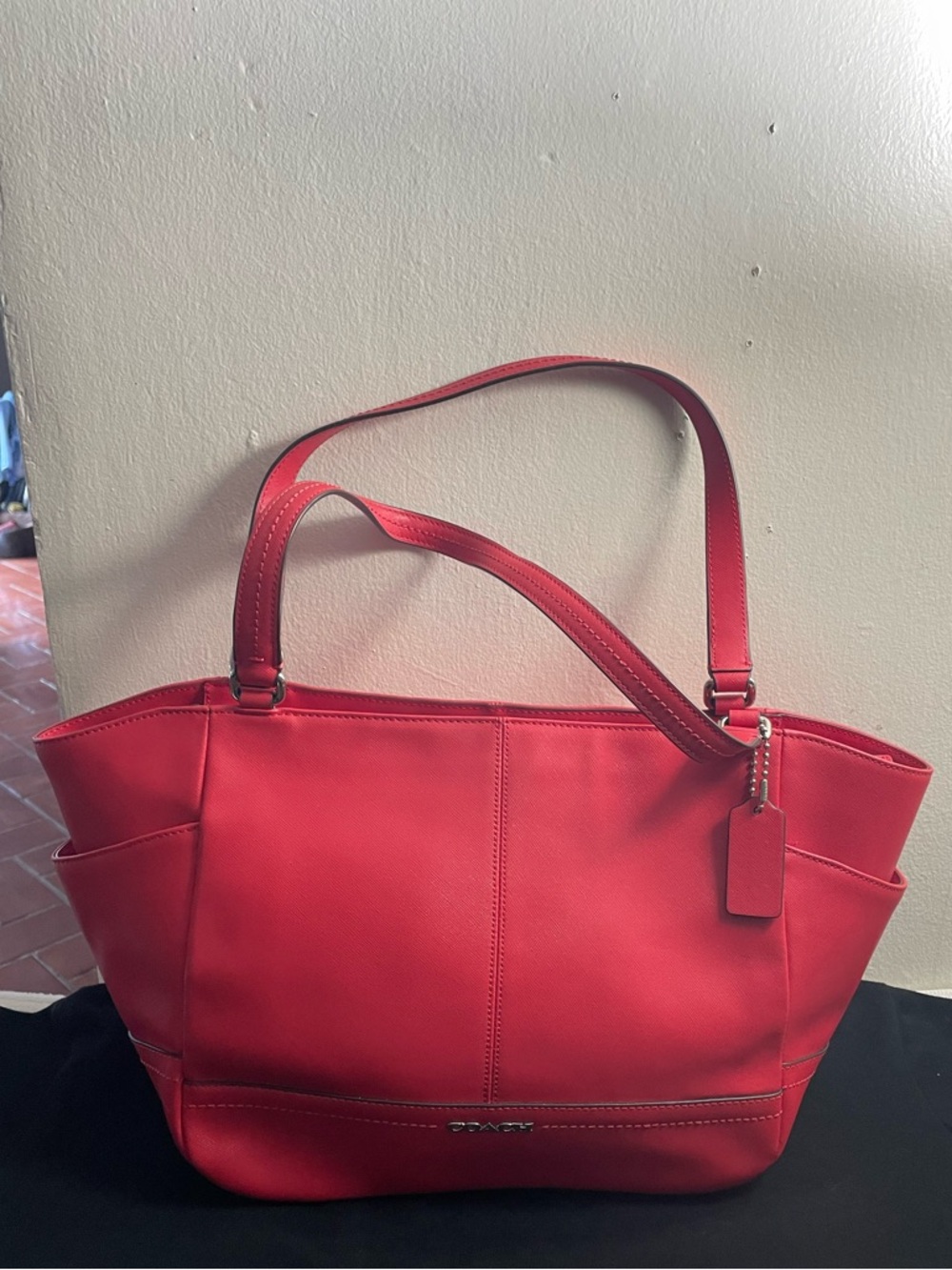 Coach Red Leather Tote with Tag Charm